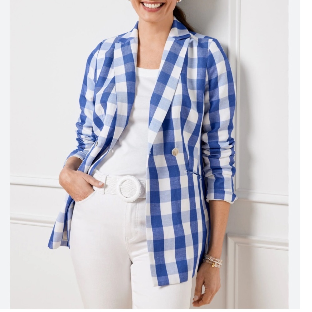 Talbots Gingham Linen Blend Blazer Jacket